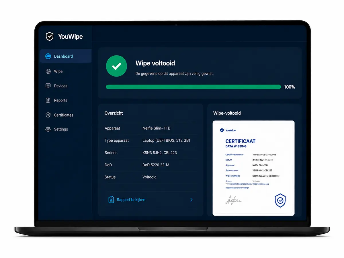 YouWipe-software met een voltooide datawissing en wisrapport